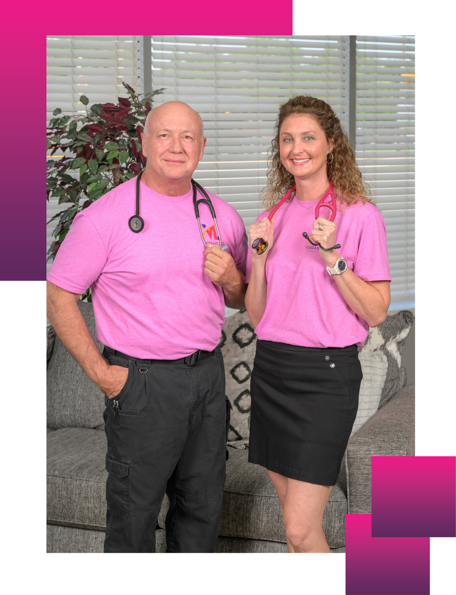 Drs. Lydia and Randy standing with stethoscope Drs. Lydia and Randy standing with stethoscope